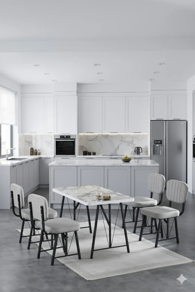 Elfin 70x110cm Sabit Efes Yemek Masası, Yemek Masası Takımı, Mutfak Masası, 4 Gri Sandalye