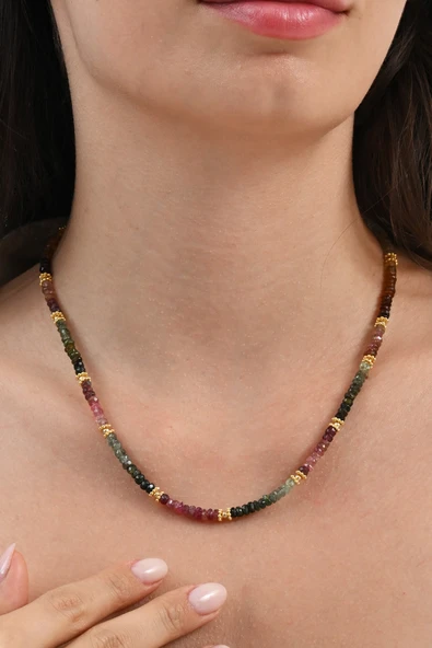 925 Ayar gümüş altın yaldızlı turmalin doğal taşlı dizi kolye SGTL13087RENKLI ürün görseli