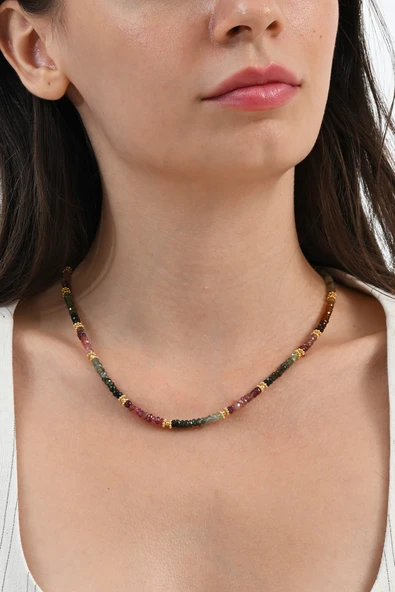 925 Ayar gümüş altın yaldızlı turmalin doğal taşlı dizi kolye SGTL13087RENKLI - Resim 2