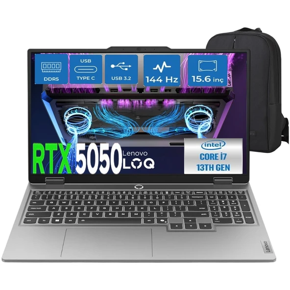 Loq Intel Core I7-13700HX 16GB Ram 1tb SSD RTX5050 (8GB+100W) IPS 300NITS 100% Srgb, 144Hz, Freedos 15.6" Taşınabilir Bilgisayar & Cimete Çanta ürün görseli 1