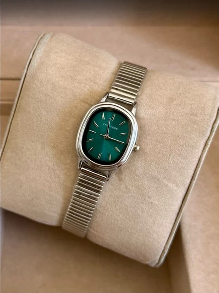 Gümüş Renk Kaplama Çelik Kordonlu Şık VIP Model Oval Yeşil Kadranlı Kadın Saati | Vintage Şıklık ürün görseli 1
