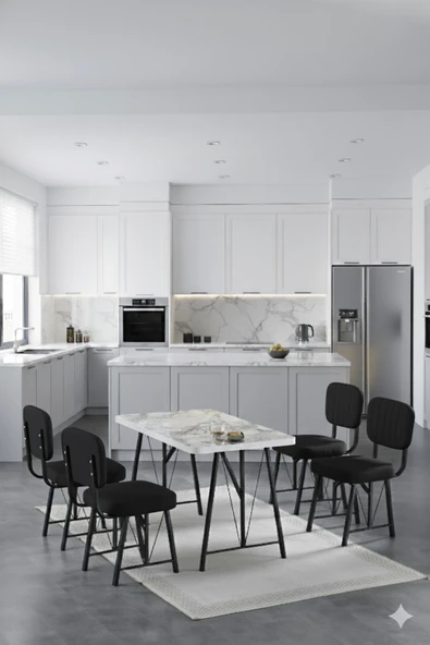 Elfin 70x110cm Sabit Efes Yemek Masası, Yemek Masası Takımı, Mutfak Masası, 4 Siyah Sandalye