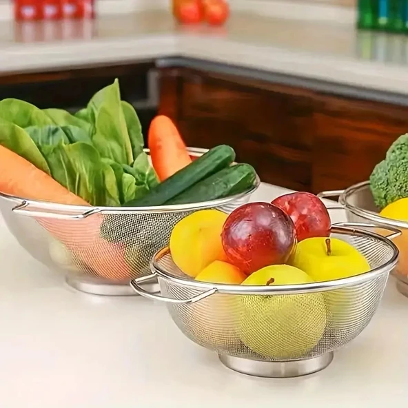 Paslanmaz Çelik Kulplu Tel Çok Amaçlı Makarna Un Meyve Sebze 3'lü Süzgeçi 26 22 20 Cm - Resim 9