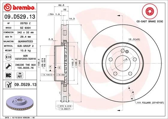 BREMBO 09D52913 FREN DISKI ON MERCEDES X253 W213 C253 C257 A0004212812 ürün görseli 1