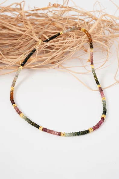 925 Ayar gümüş altın yaldızlı turmalin doğal taşlı dizi kolye SGTL13087RENKLI - Resim 4