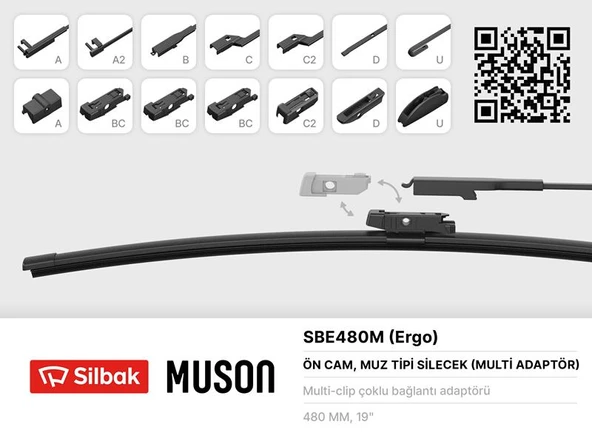 SILBAK SBE480M SİLECEK SÜPÜRGESİ MUZ TİPİ 480mm A. BC.C2.D VE U TİPİ KOLLAR ICIN MULTİ ADAPTORLÜ ürün görseli 1