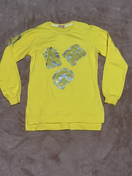 16 yaş ang baskılı tunik boy bisiklet yaka sweatshirt kız çocuk sarı ürün görseli