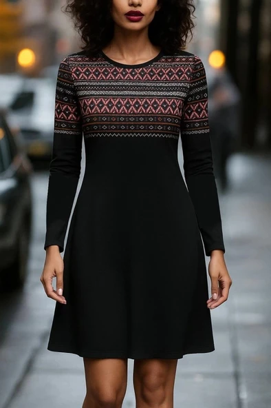 MDB Kadın Uzun Kollu Bisiklet Yaka Etnik Desenli Kısa şardonlu Dalgıç Elbise ürün görseli 1