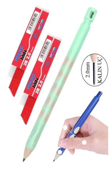 Kalın Uçlu Versatil Kalem 2.0 mm Açık Yeşil 1 Adet ve 2.0 Mm Kalın Uç Kırmızı 2 Adet Kalın Uçlu Mekanik Kalem ürün görseli