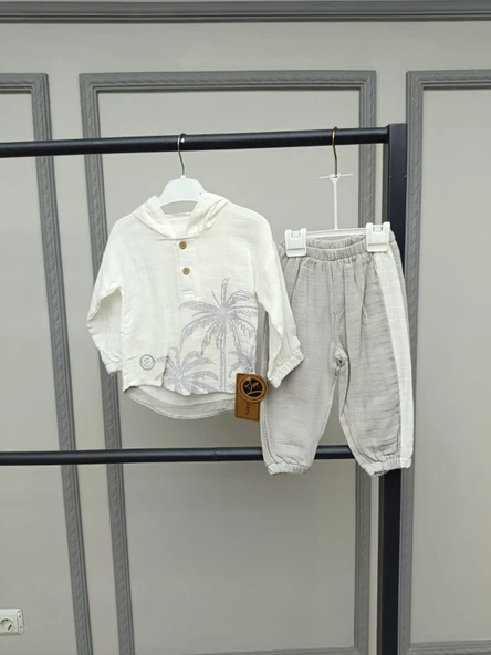 Pamuklu Müslin Kapşonlu Baskılı Bebek Takımı - Resim 11