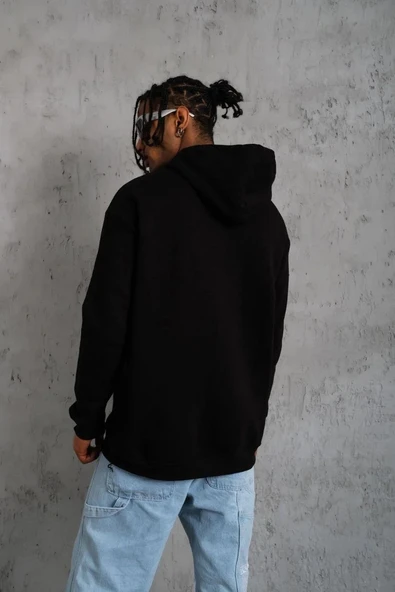 Erkek Oversize Kapüşonlu Sweatshirt – Siyah Renk Üç İplik İçi Pamuklu Kanguru Cepli Baskılı Hoodie Rahat Kalıp Kışlık Gü - Resim 3