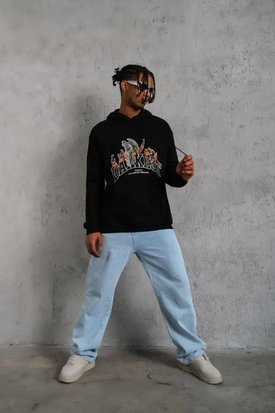 Erkek Oversize Kapüşonlu Sweatshirt – Siyah Renk Üç İplik İçi Pamuklu Kanguru Cepli Baskılı Hoodie Rahat Kalıp Kışlık Gü - Resim 2