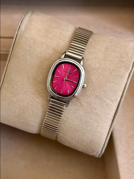 Gümüş Renk Kaplama Çelik Kordonlu Şık VIP Model Oval Fuşya Kadranlı Kadın Saati | Vintage Şıklık ürün görseli 1