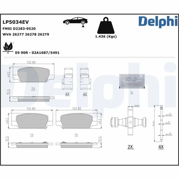 DELPHI LP5034EV FREN BALATASI ARKA TESLA MODEL 3 5YJ3 2020> MODEL Y 5YJY 2019> 800824400A-800824500B ürün görseli 1