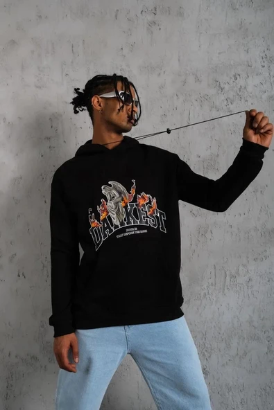 Erkek Oversize Kapüşonlu Sweatshirt – Siyah Renk Üç İplik İçi Pamuklu Kanguru Cepli Baskılı Hoodie Rahat Kalıp Kışlık Gü ürün görseli