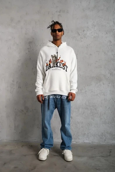 Erkek Oversize Kapüşonlu Sweatshirt – Beyaz Renk Üç İplik İçi Pamuklu Kanguru Cepli Baskılı Hoodie Rahat Kalıp Kışlık Gü - Resim 4