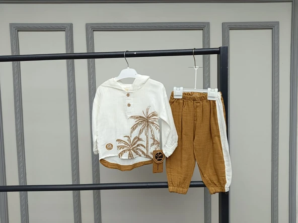 Pamuklu Müslin Kapşonlu Baskılı Bebek Takımı - Resim 3