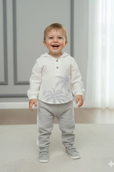 Pamuklu Müslin Kapşonlu Baskılı Bebek Takımı - Resim 9