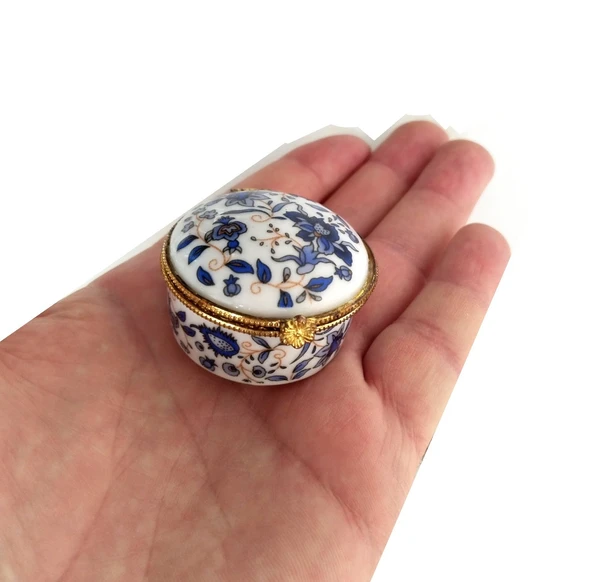 Porselen işlemeli likalı hokka, şık kaliteli zarif hokka, mürekkep kutusu, yuvarlak mavi ürün görseli