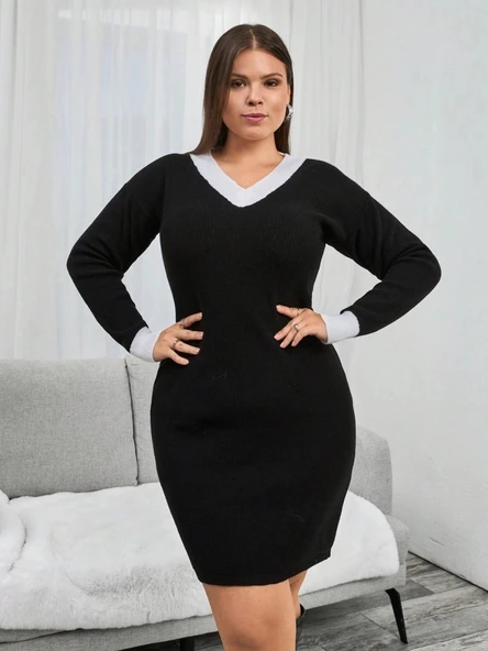 MDB Kadın Uzun Kollu V Yakalı Kısa Triko Elbise ürün görseli 1