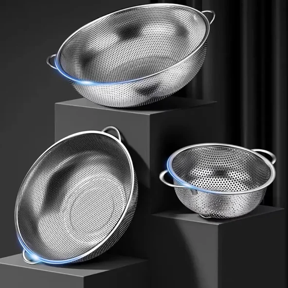 Paslanmaz Çelik Kulplu Çok Amaçlı Makarna Un Meyve Sebze 3'lü Süzgeç 25 22 19 Cm ürün görseli