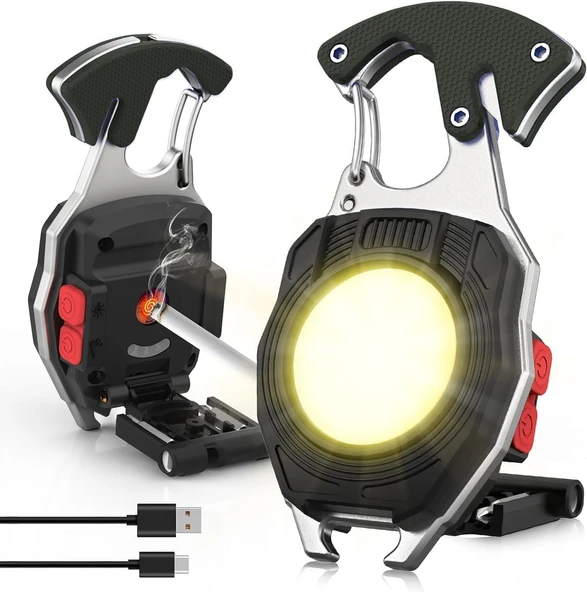 Çok Fonksiyonlu Mini Çalışma Işığı Çakmak Özellikli LED Anahtarlık El Feneri 3 Işık Kaynakları Acil Durum Için LED Güç Göstergesi Siyah (Siyah)