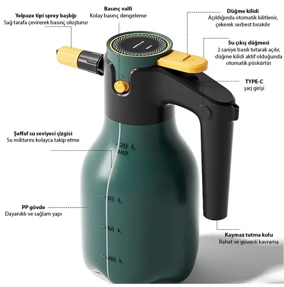 2L Yüksek Basınçlı Şarjlı Köpük Makinası Oto Yıkama Pompası Köpük Püskürtücü - Resim 7