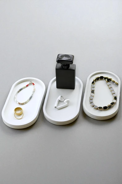 Beton Gri Oval Tepsi | El Yapımı Modern Takı, Mum ve Aksesuar Düzenleyici - Resim 3