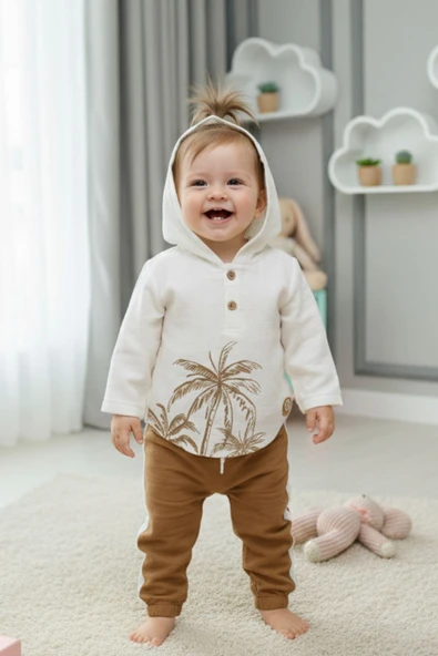 Pamuklu Müslin Kapşonlu Baskılı Bebek Takımı - Resim 2