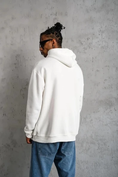 Erkek Oversize Kapüşonlu Sweatshirt – Beyaz Renk Üç İplik İçi Pamuklu Kanguru Cepli Baskılı Hoodie Rahat Kalıp Kışlık Gü - Resim 2