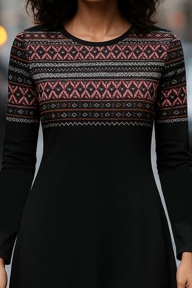 MDB Kadın Uzun Kollu Bisiklet Yaka Etnik Desenli Kısa şardonlu Dalgıç Elbise - Resim 2