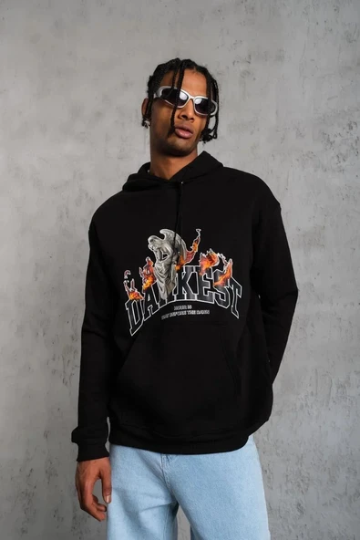 Erkek Oversize Kapüşonlu Sweatshirt – Siyah Renk Üç İplik İçi Pamuklu Kanguru Cepli Baskılı Hoodie Rahat Kalıp Kışlık Gü - Resim 4