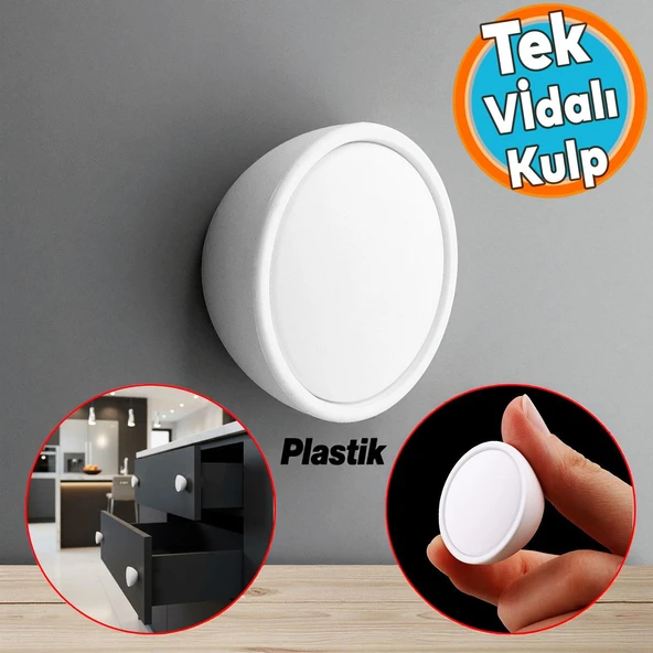 Beyaz Renk Tek Vidalı Polimer Düğme Kulp Bombeli Dolap Mobilya Dolap Çekmece Kulpu Kulbu ürün görseli