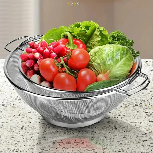 Paslanmaz Çelik Kulplu Tel Çok Amaçlı Makarna Un Meyve Sebze 2'li Süzgeç 26 22  Cm - Resim 2