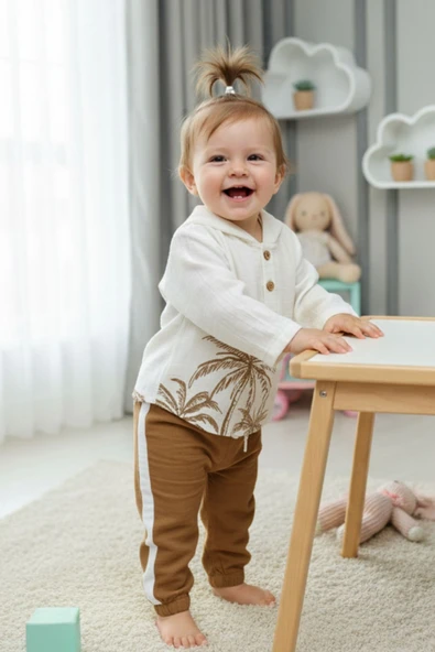 Pamuklu Müslin Kapşonlu Baskılı Bebek Takımı ürün görseli