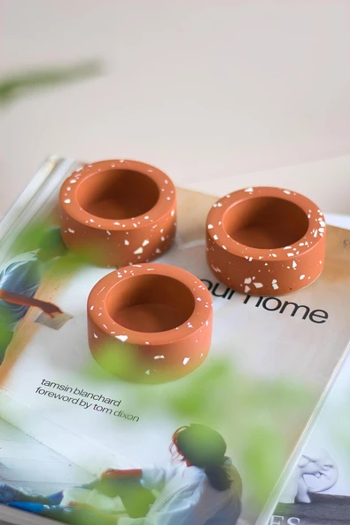 El Yapımı Terracotta Beton Tealight Mumluk 3'lü Set | Dekoratif Şamdan, Yüzük Tabağı - Resim 4