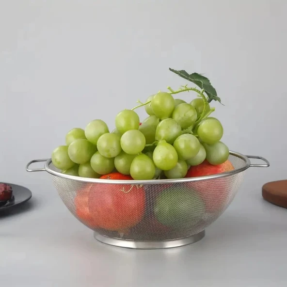 Paslanmaz Çelik Kulplu Tel Çok Amaçlı Makarna Un Meyve Sebze 2'li Süzgeç 26 22  Cm - Resim 10