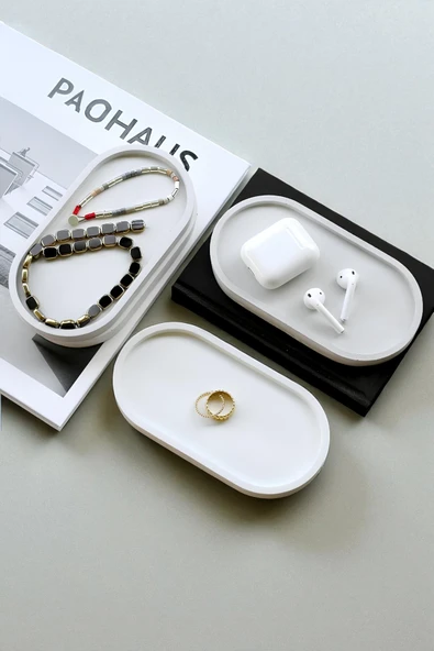 Beton Gri Oval Tepsi | El Yapımı Modern Takı, Mum ve Aksesuar Düzenleyici - Resim 4