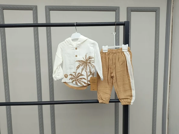 Pamuklu Müslin Kapşonlu Baskılı Bebek Takımı - Resim 7