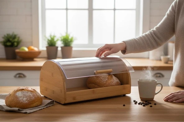 Kapaklı bambu ekmek saklama kutusu dolabı - bambu ekmeklik - Resim 2