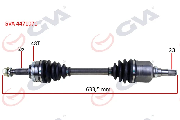 GVA 4471071 KOMPLE AKS SOL TOYOTA COROLLA 1.4L 1.6L 4ZZ-FE 3ZZ-FE ZZE120 ZZE121 VVTi 02-06 ABS li 26x23 - ABS 48 diş komple boy 633.5mm 4342002270 ürün görseli