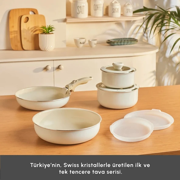 Karaca x Refika Swiss Crystal Almond Cream Easy Clip 9 Parça Tencere Seti - Resim 5