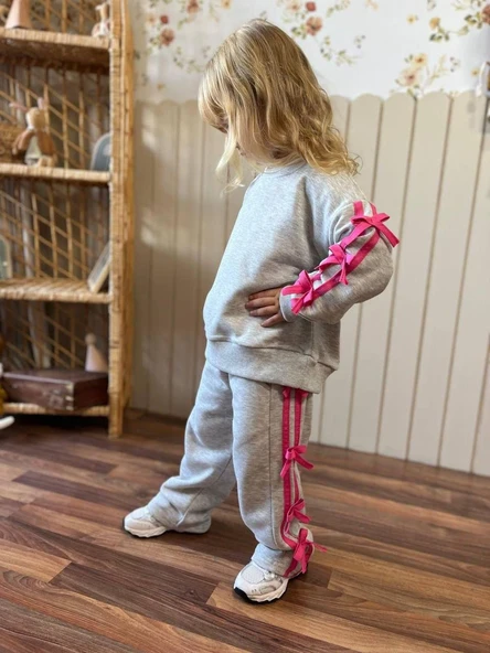 Cg Kids Gri Pembe Fiyonk Detaylı Kız Çocuk 3 iplik Alt Üst Takım Süper Kalite Kumaş (Geniş Kalıptır.) - 2