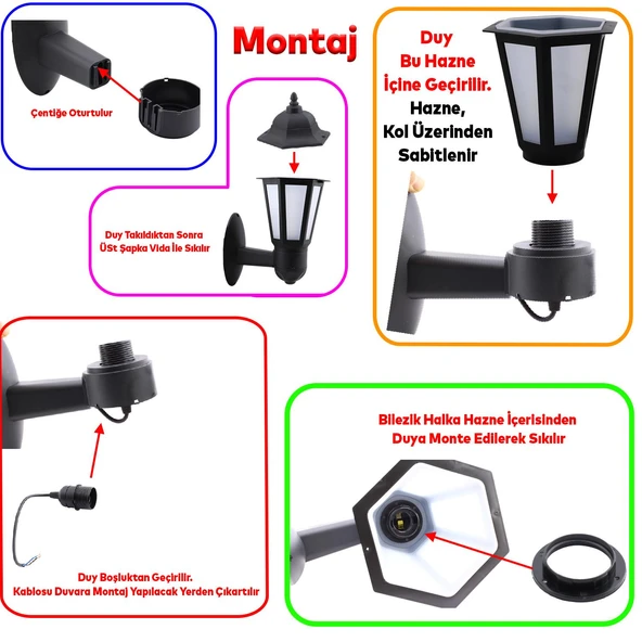 Bahçe Sokak Duvar Aplik Lamba Aydınlatma Lale Bahçe Armatürü Yandan Montaj E27 Duy Siyah Plastik - Resim 3
