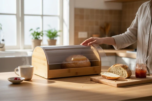Kapaklı bambu ekmek saklama kutusu dolabı - bambu ekmeklik - Resim 4