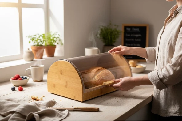 Kapaklı bambu ekmek saklama kutusu dolabı - bambu ekmeklik - Resim 3