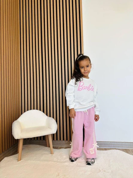 Cg Kids Barbie kabartma barbie yazı 3 iplik kumaş kız çocuk alt üst takım süper kalite sırt baskı ve eşofman detay