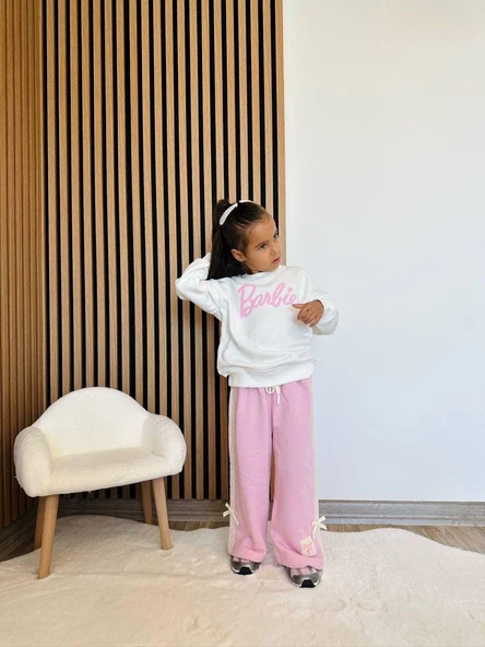 Cg Kids Barbie kabartma barbie yazı 3 iplik kumaş kız çocuk alt üst takım süper kalite sırt baskı ve eşofman detay - 5