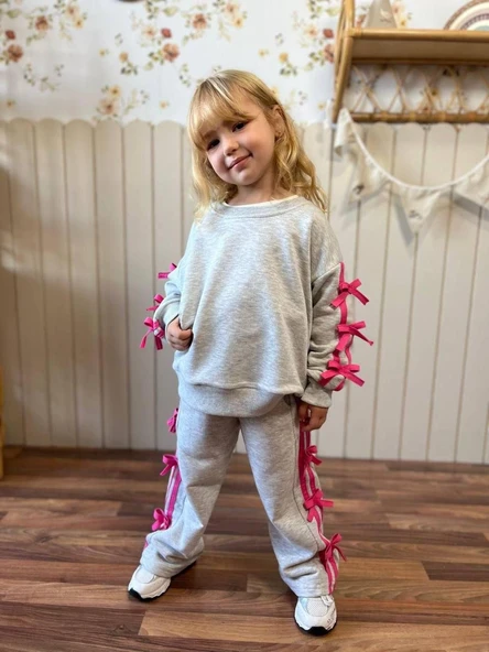 Cg Kids Gri Pembe Fiyonk Detaylı Kız Çocuk 3 iplik Alt Üst Takım Süper Kalite Kumaş (Geniş Kalıptır.) - 3