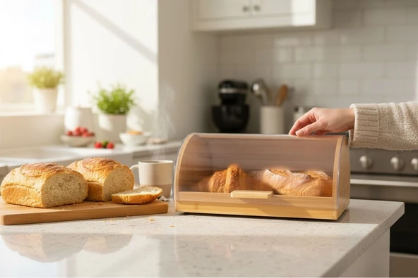 Kapaklı bambu ekmek saklama kutusu dolabı - bambu ekmeklik ürün görseli 1